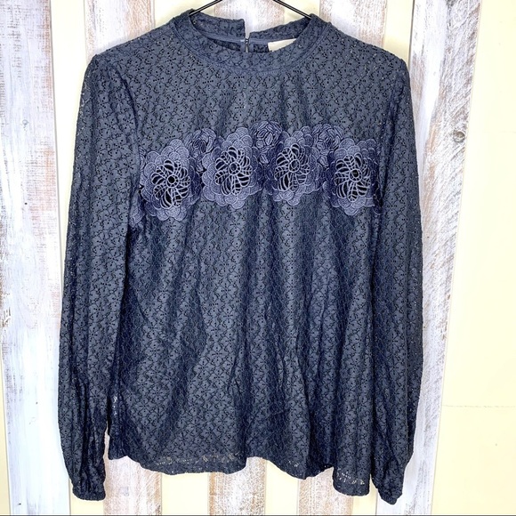 LOFT Slate Grey Floral Lace Embroidered Blouse - Picture 1 of 6